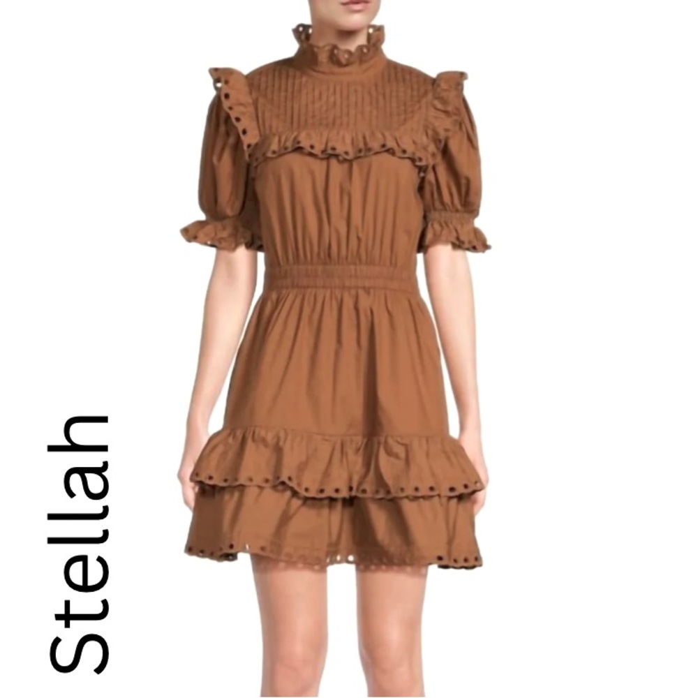 Stellah brown puff sleeve mini dress